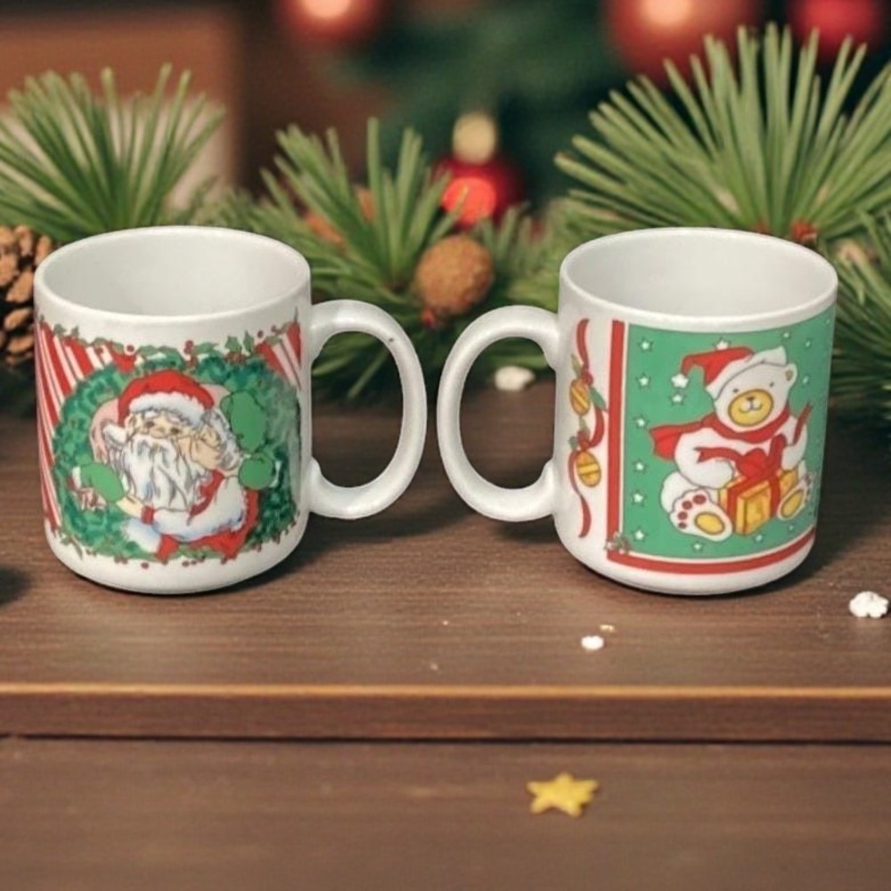 Houston Foods Christmas Coffee Cups, Set of 2, Santa Clause & Teddy Bear Design